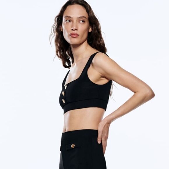 NWT BLOGGERS FAVORITE ⚫️ BLACK ZARA BUTTONED CROP TOP GOLDEN BUTTONS - Picture 9 of 13